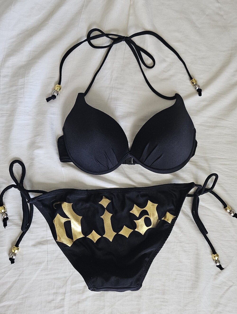 D.i.a Rare Gyaru Japan Black and Gold Logo Beaded Side Tie Bikini Set